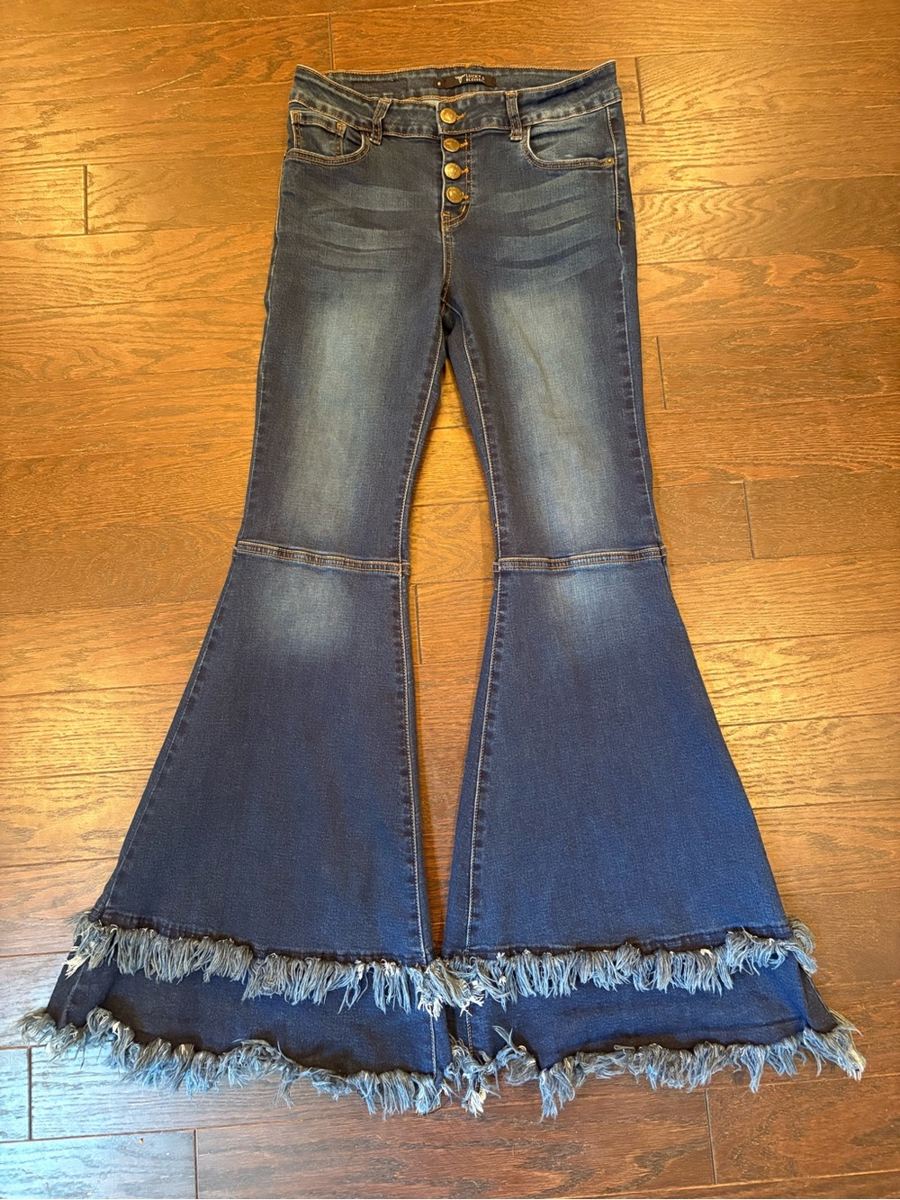 Lucky & Blessed Dark Blue Layered Flare Jeans with Frayed Hem